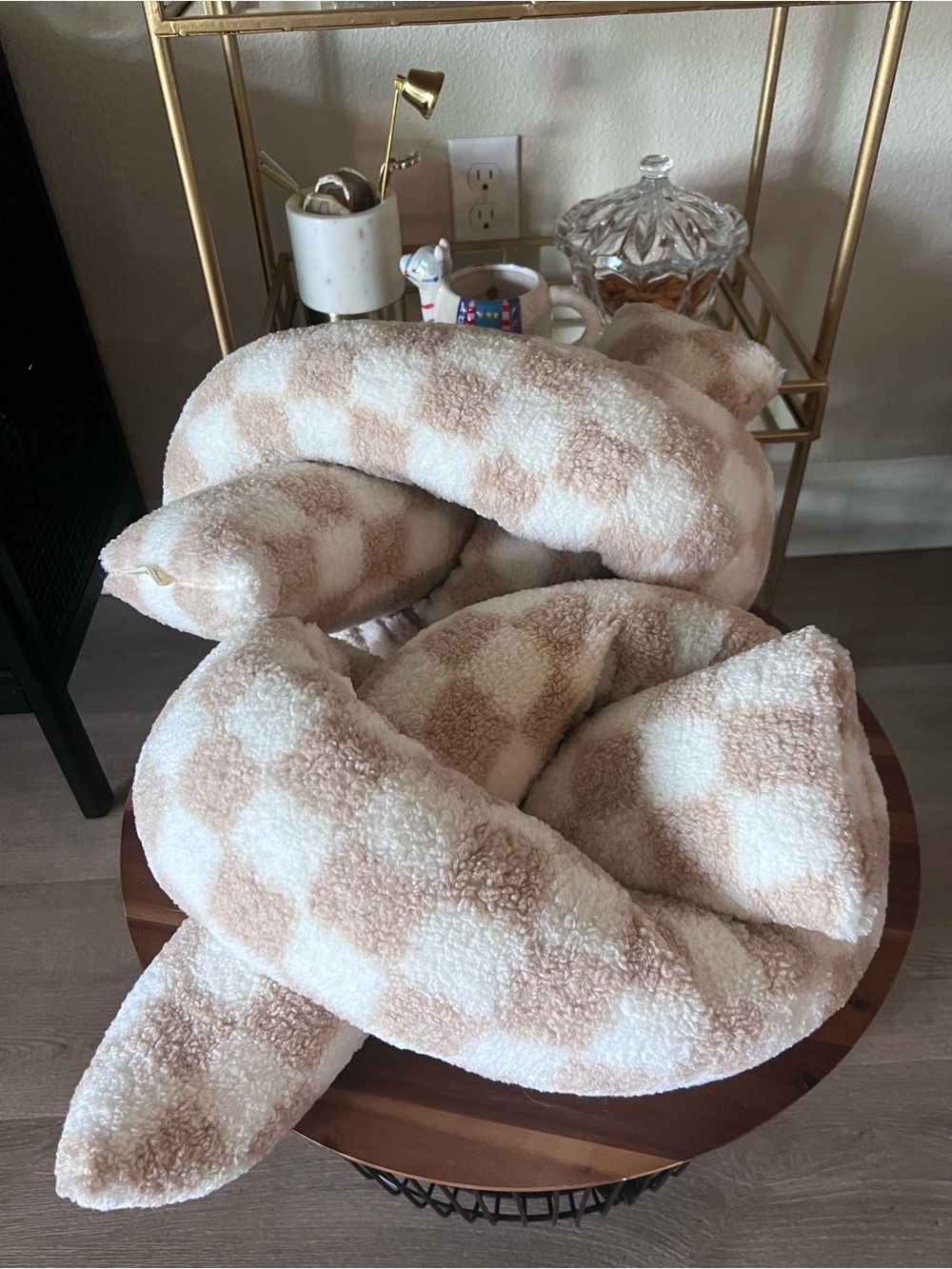 Set of Two Cost Plus World Market Plush Check Throw Pillows in Cream and Tan